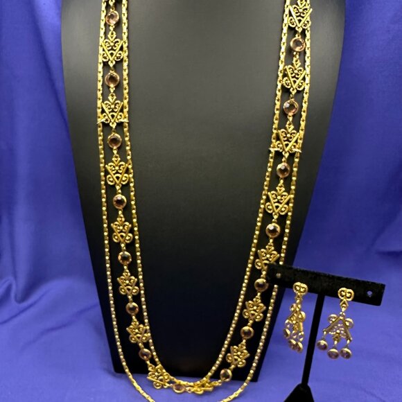 VTG Littman Jewelers Gold-Plated Necklace/Earrings Set Topaz Colored Crystal - Picture 1 of 11